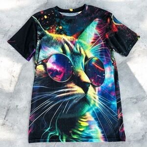 Men's Black Multicolor Cat Graphic Tee
